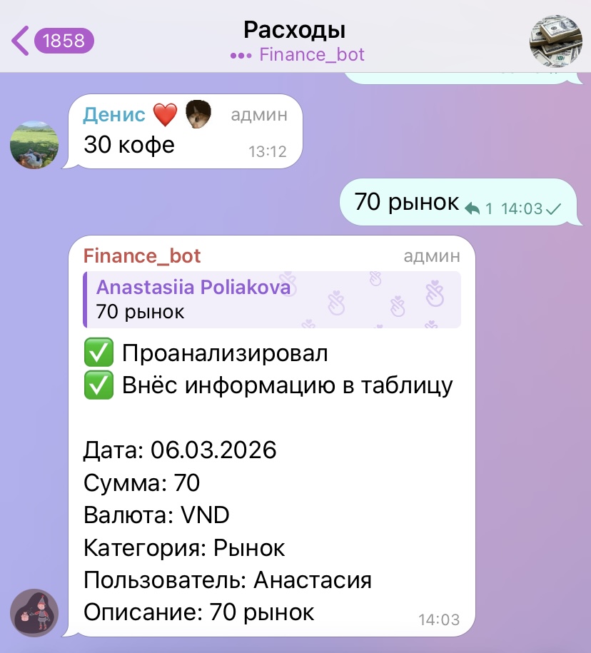 Финансовый трекер — скриншот Telegram